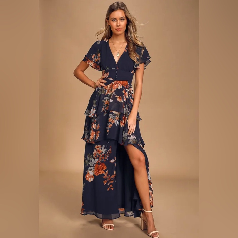 Midnight Mood Navy Blue Floral Print Tiered Maxi Dress